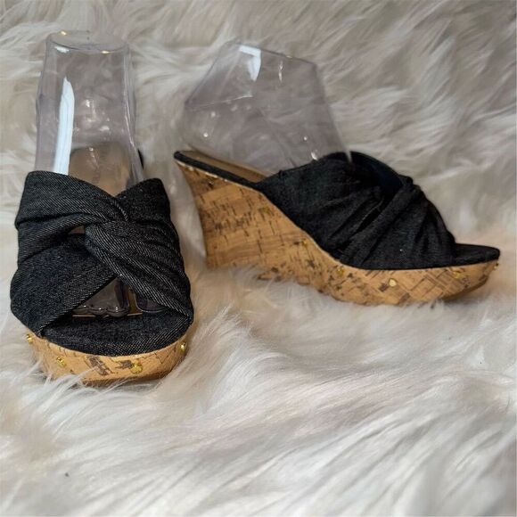 Dana Buchman Women's 7.5 Blue Denim Stud Open Toe Cork Wedge Sandals Espadrille - Picture 1 of 12